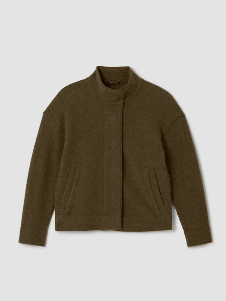 Eileen Fisher Light weight Boiled Wool Stand Collar Jacket W. Pockets in Serpentine