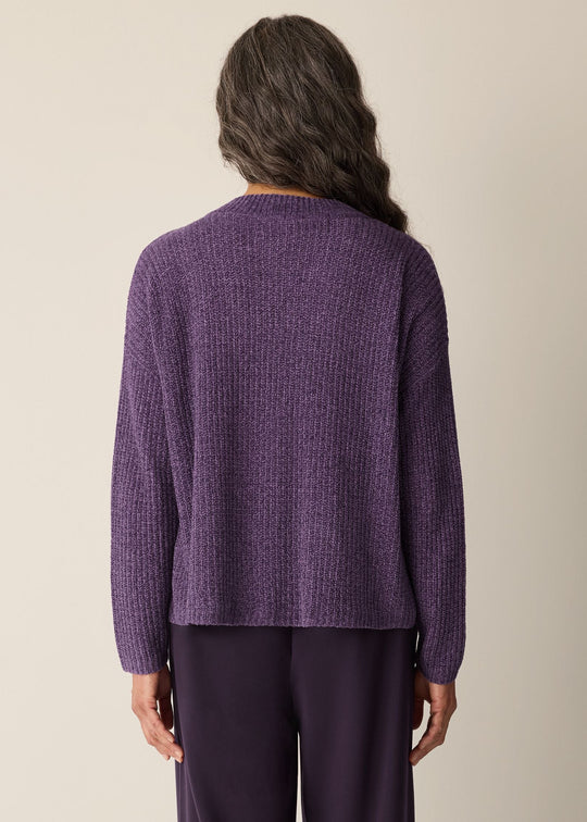 back view of plus size Eileen Fisher Chenille Blend V Neck Sweater in Mulled Grape