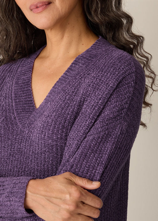 close up front view of plus size Eileen Fisher Chenille Blend V Neck Sweater in Mulled Grape