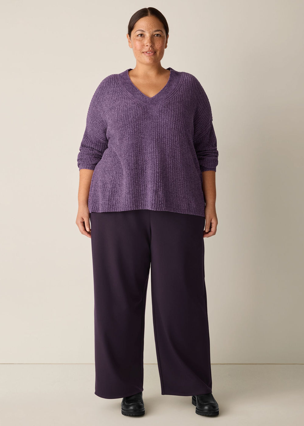 front view of plus size Eileen Fisher Chenille Blend V Neck Sweater in Mulled Grape