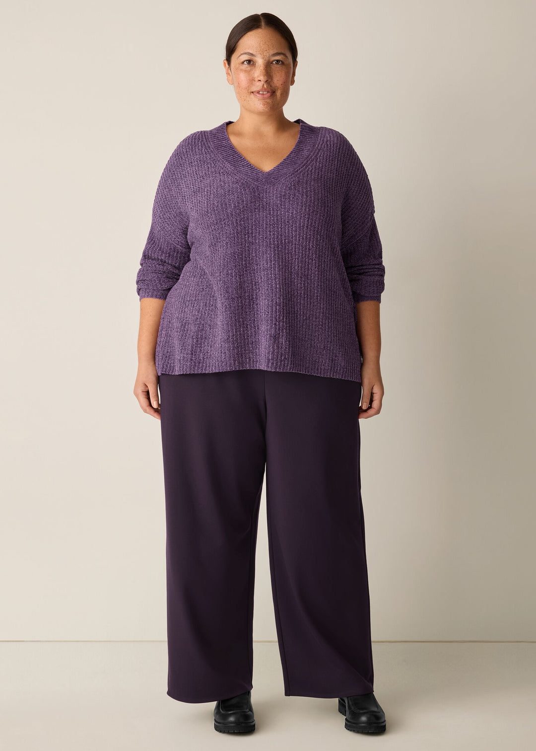 front view of plus size Eileen Fisher Chenille Blend V Neck Sweater in Mulled Grape