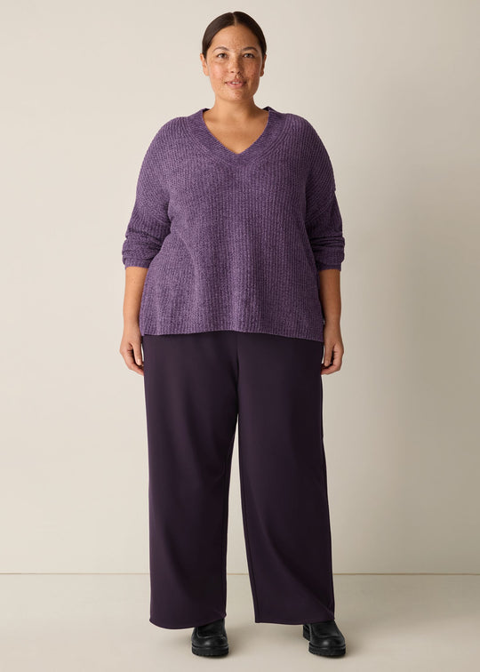 front view of plus size Eileen Fisher Chenille Blend V Neck Sweater in Mulled Grape