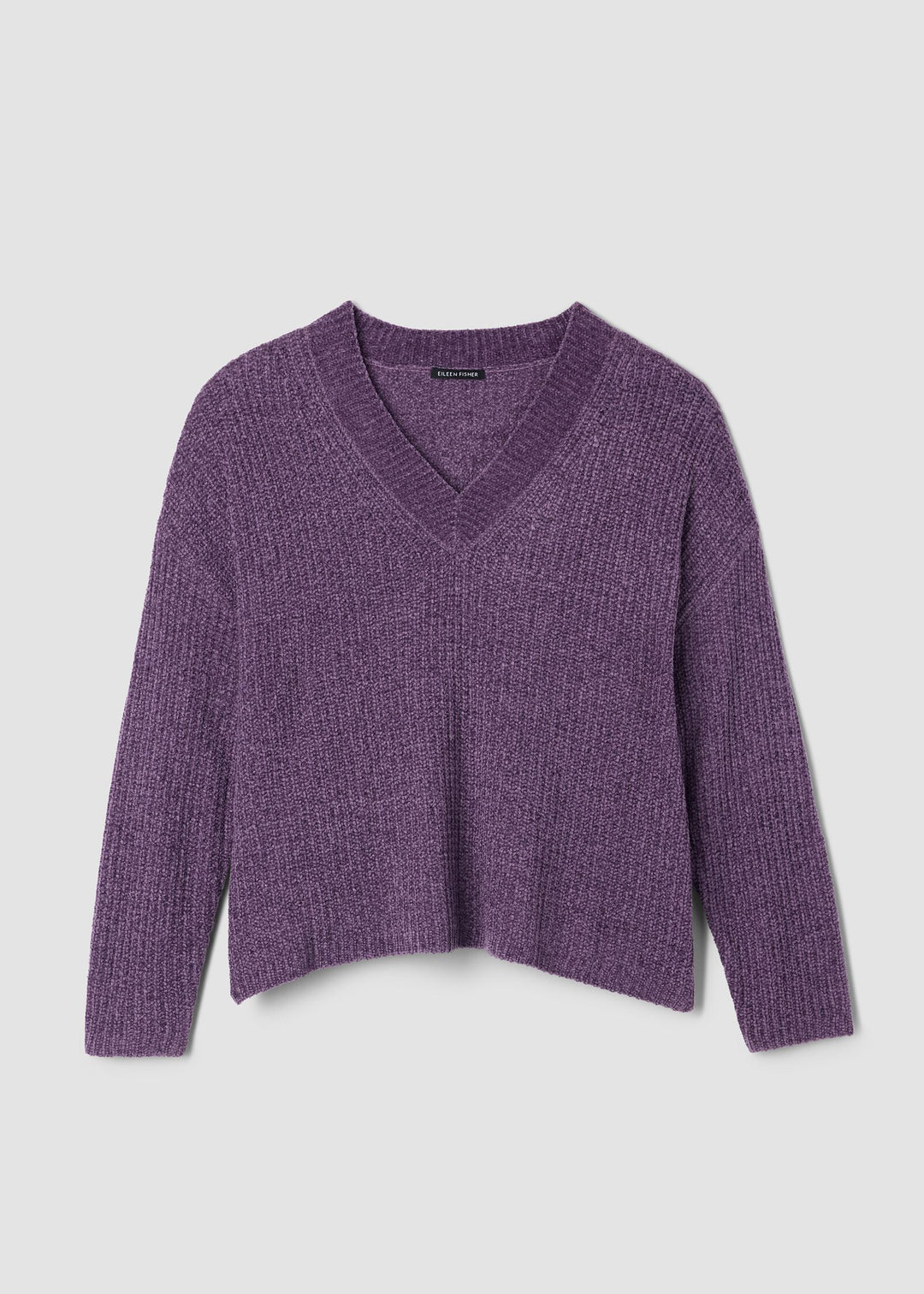 front view of plus size Eileen Fisher Chenille Blend V Neck Sweater in Mulled Grape