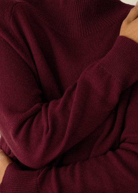 close up front view of plus size Eileen Fisher Cotton and Cashmere Turtleneck Tunic in Ruby