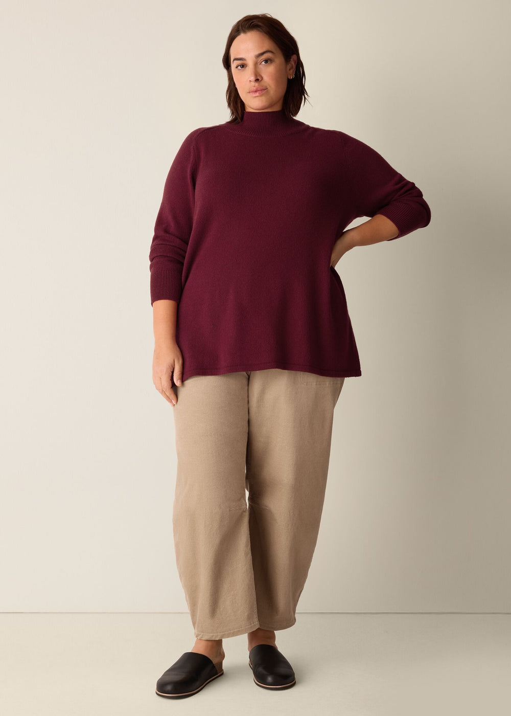 front view of plus size Eileen Fisher Cotton and Cashmere Turtleneck Tunic in Ruby