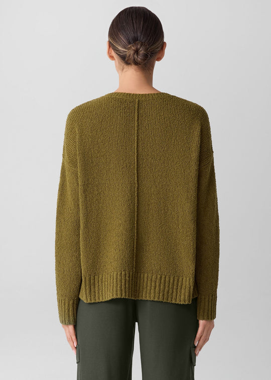 back view of plus size Eileen Fisher Organic Cotton blend Fluff Crewneck Sweater in Moss