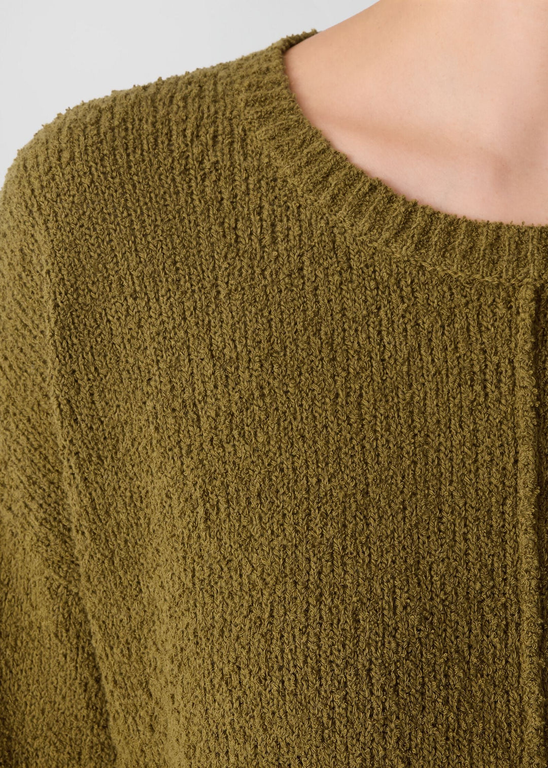 close up of plus size Eileen Fisher Organic Cotton blend Fluff Crewneck Sweater in Moss
