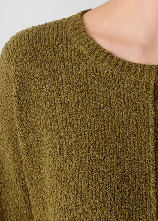 close up of plus size Eileen Fisher Organic Cotton blend Fluff Crewneck Sweater in Moss
