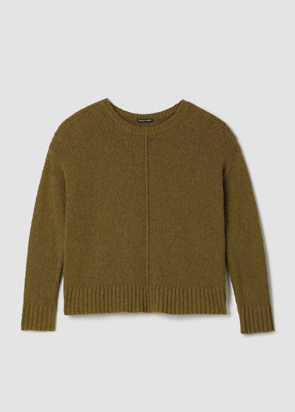 front view of plus size Eileen Fisher Organic Cotton blend Fluff Crewneck Sweater in Moss