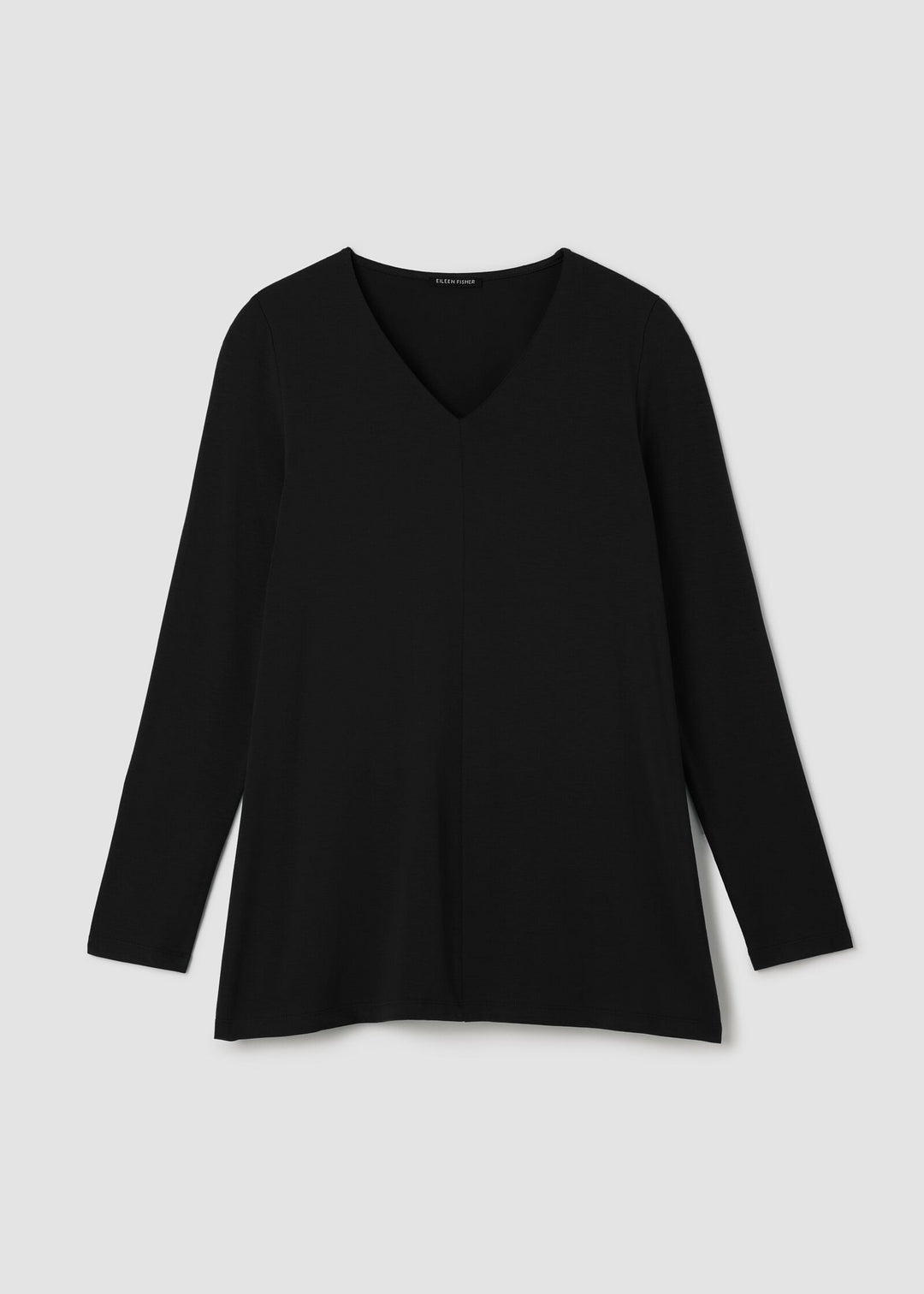 Front view of plus size Eileen Fisher Fine Stretch Jersey V-Neck Long Slv. Tunic in Black
