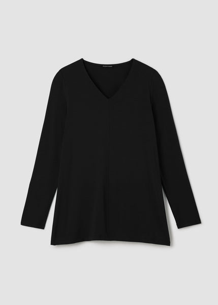 Front view of plus size Eileen Fisher Fine Stretch Jersey V-Neck Long Slv. Tunic in Black