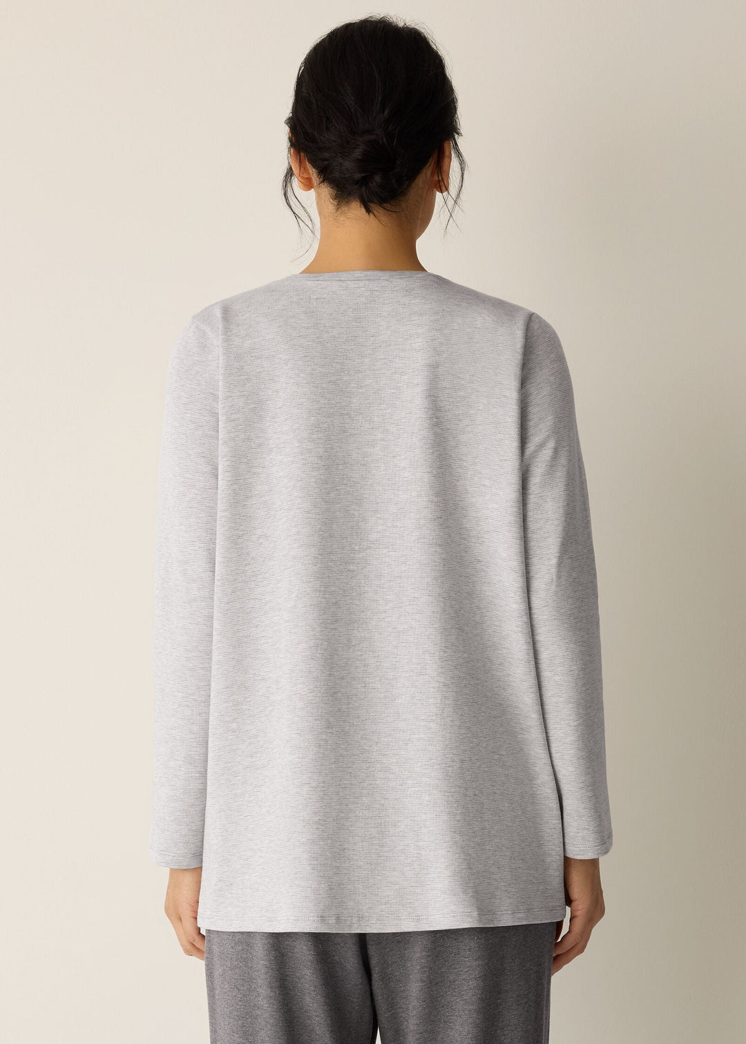 back view of plus size Eileen Fisher Striped Cozy Brushed Terry Crew Neck Long Sleeve Easy Tunic in Dark Pearl