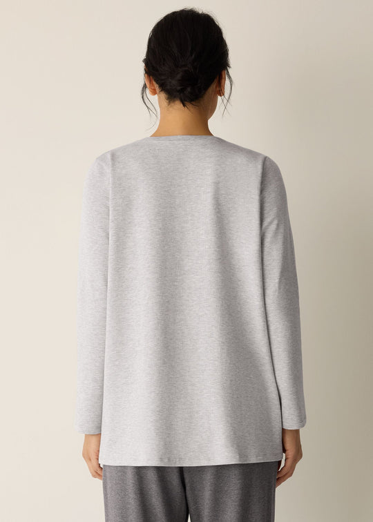 back view of plus size Eileen Fisher Striped Cozy Brushed Terry Crew Neck Long Sleeve Easy Tunic in Dark Pearl