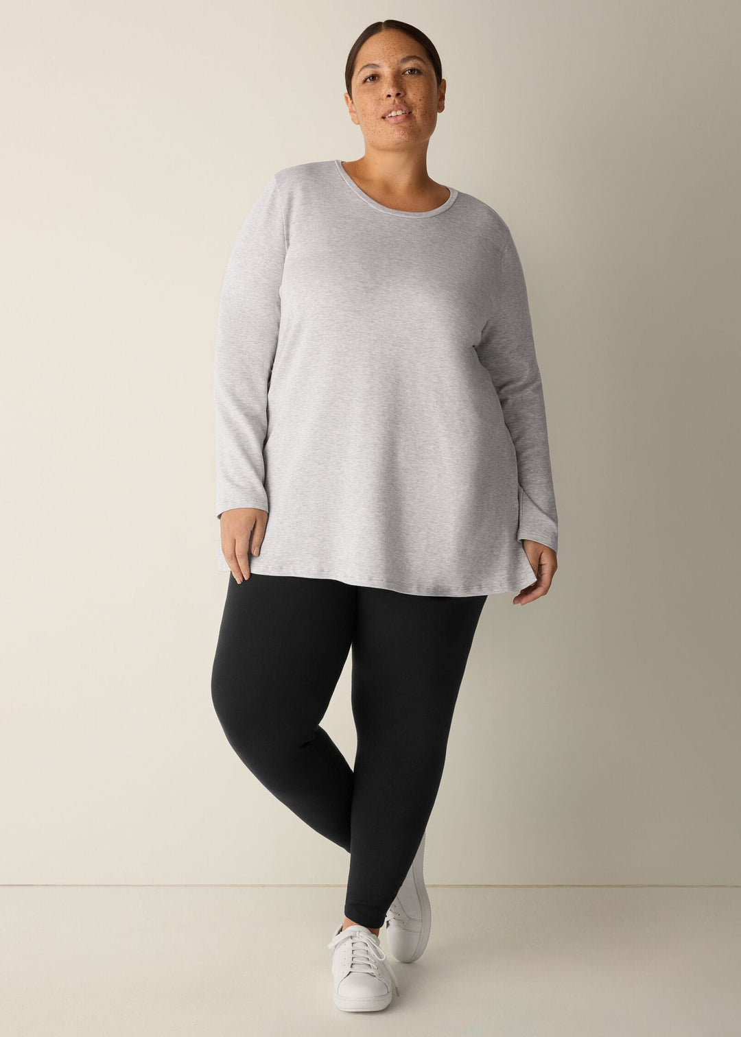 front view of plus size Eileen Fisher Striped Cozy Brushed Terry Crew Neck Long Sleeve Easy Tunic in Dark Pearl
