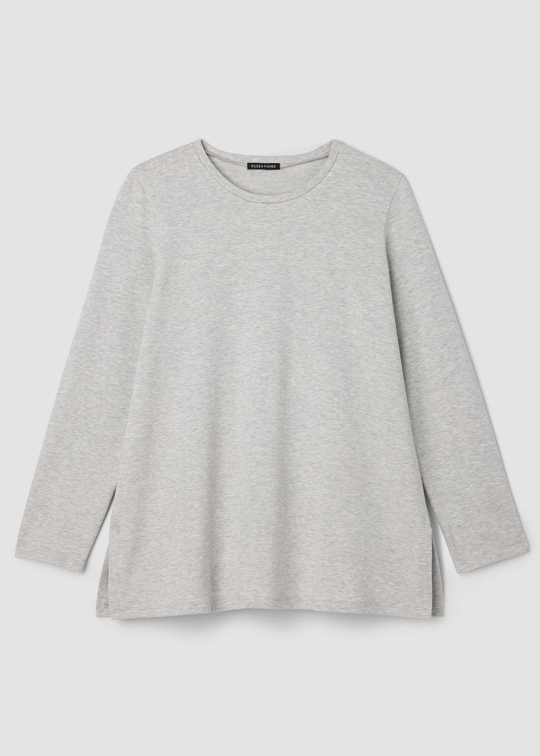 front view of plus size Eileen Fisher Striped Cozy Brushed Terry Crew Neck Long Sleeve Easy Tunic in Dark Pearl