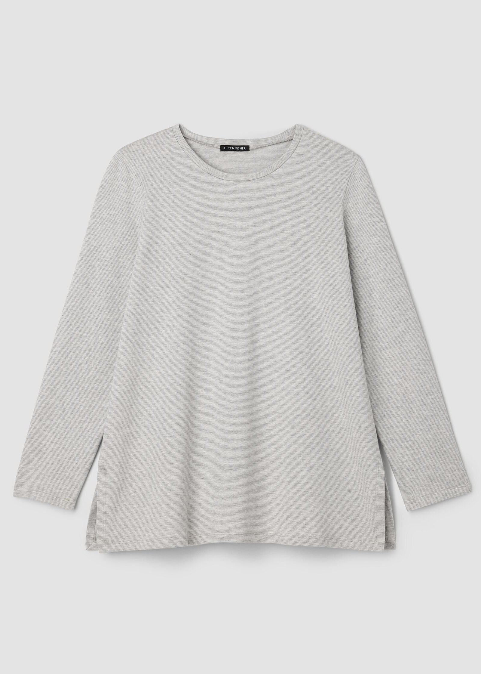 front view of plus size Eileen Fisher Striped Cozy Brushed Terry Crew Neck Long Sleeve Easy Tunic in Dark Pearl