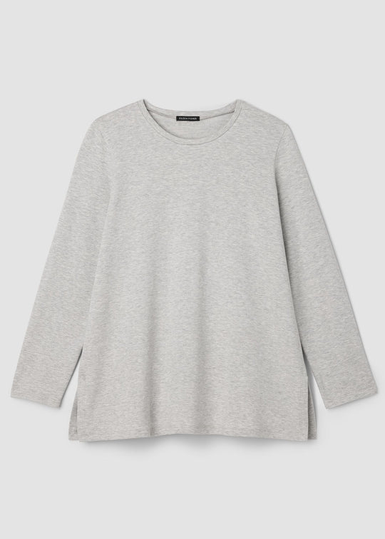 front view of plus size Eileen Fisher Striped Cozy Brushed Terry Crew Neck Long Sleeve Easy Tunic in Dark Pearl