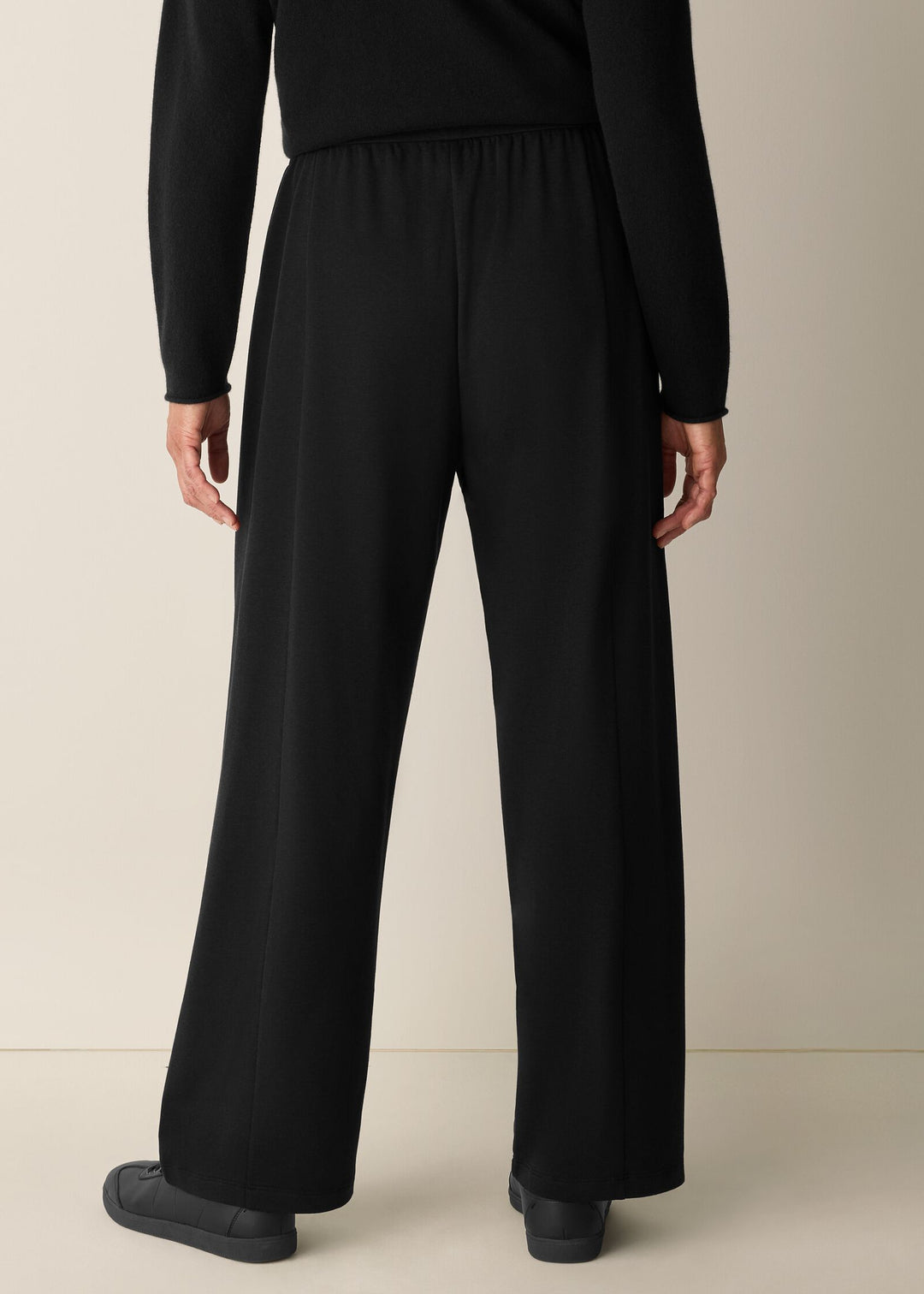 back view of plus size Eileen Fisher Cozy Brushed Terry Hug Straight Pleated Ankle Pant in Black