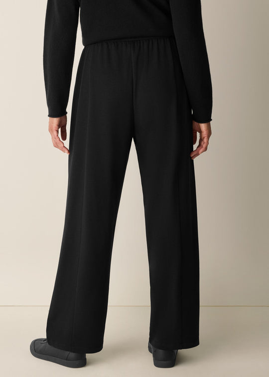 back view of plus size Eileen Fisher Cozy Brushed Terry Hug Straight Pleated Ankle Pant in Black