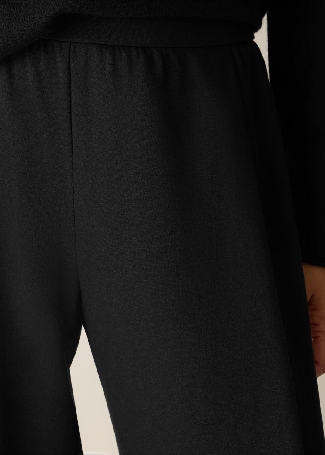 close up front view of plus size Eileen Fisher Cozy Brushed Terry Hug Straight Pleated Ankle Pant in Black