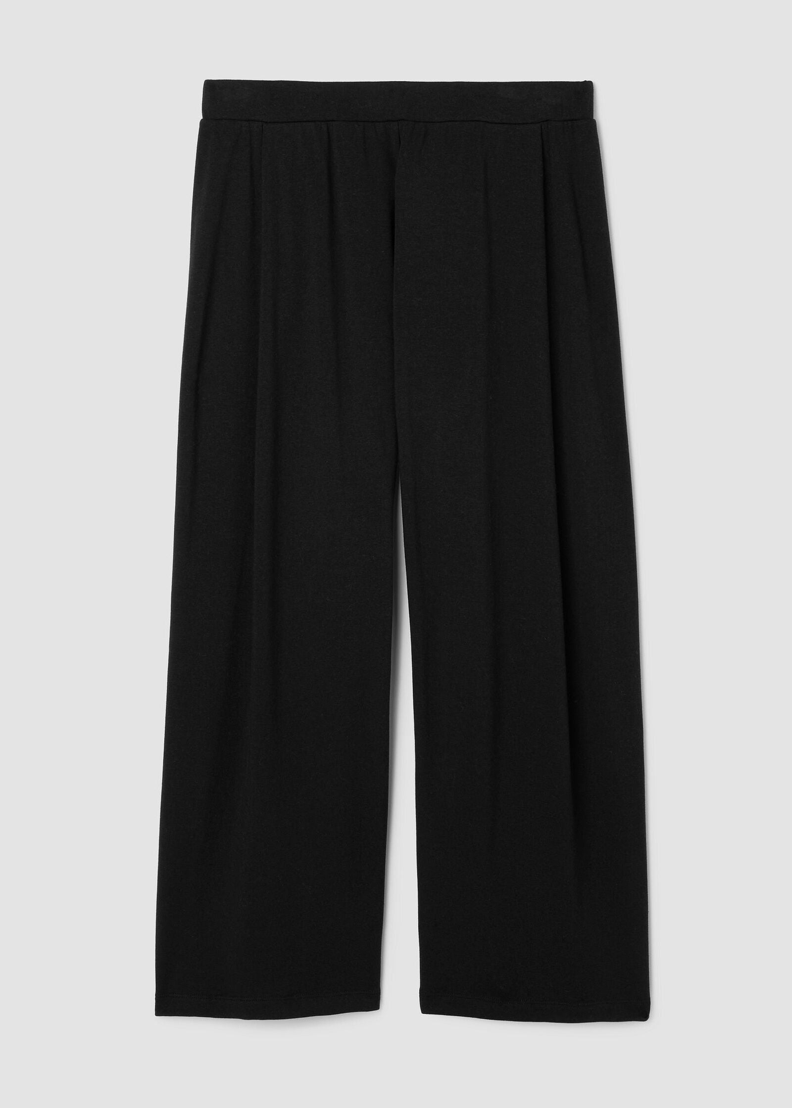 front view of plus size Eileen Fisher Cozy Brushed Terry Hug Straight Pleated Ankle Pant in Black
