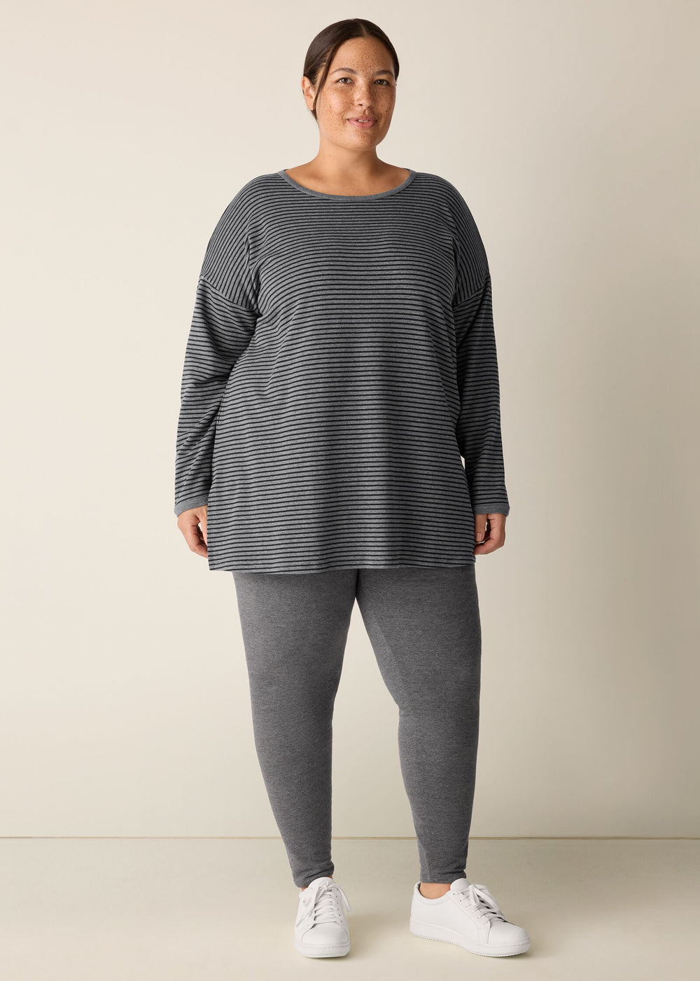front view of plus size Eileen Fisher Striped Cozy Brushed Terry long Boxy Top in Black/Ash
