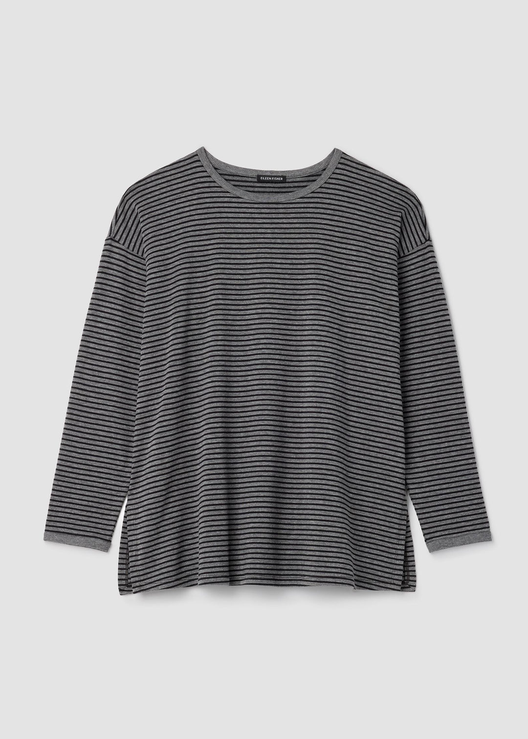 front view of plus size Eileen Fisher Striped Cozy Brushed Terry long Boxy Top in Black/Ash
