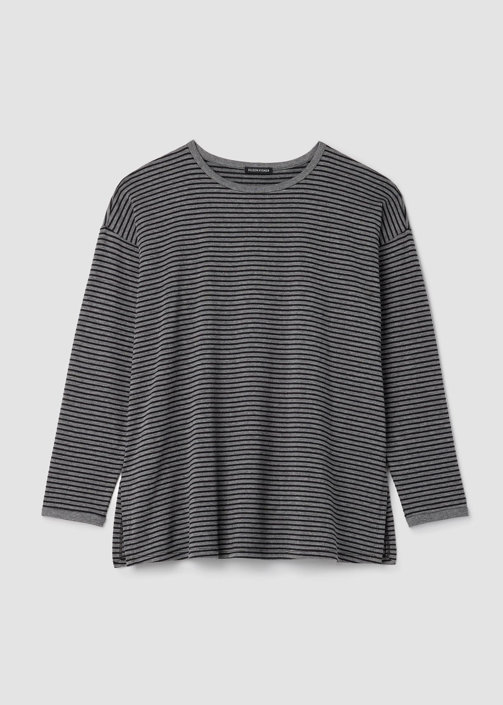 front view of plus size Eileen Fisher Striped Cozy Brushed Terry long Boxy Top in Black/Ash