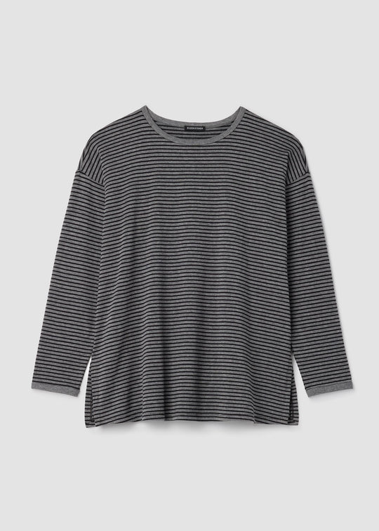 front view of plus size Eileen Fisher Striped Cozy Brushed Terry long Boxy Top in Black/Ash