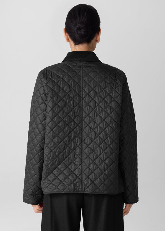back view of plus size Eileen Fisher Eggshell Nylon Classic Collar Jacket W. Cord Collar in Black