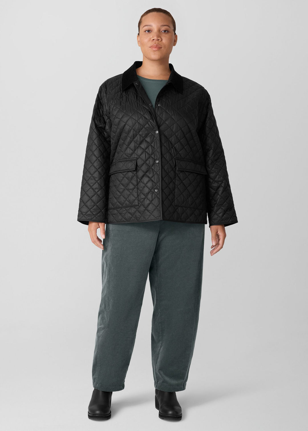 front view of plus size Eileen Fisher Eggshell Nylon Classic Collar Jacket W. Cord Collar in Black