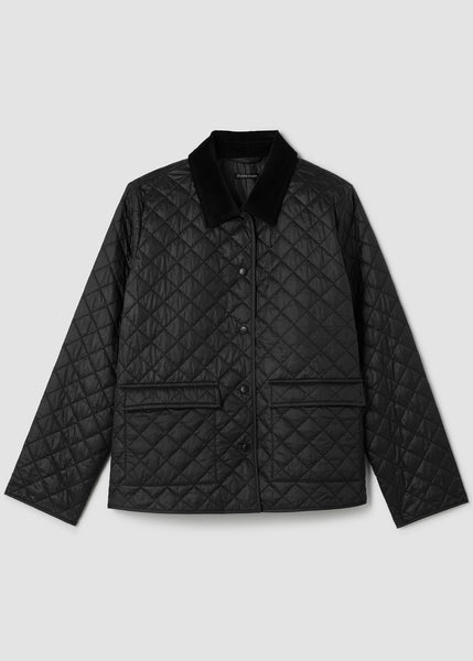 front view of plus size Eileen Fisher Eggshell Nylon Classic Collar Jacket W. Cord Collar in Black