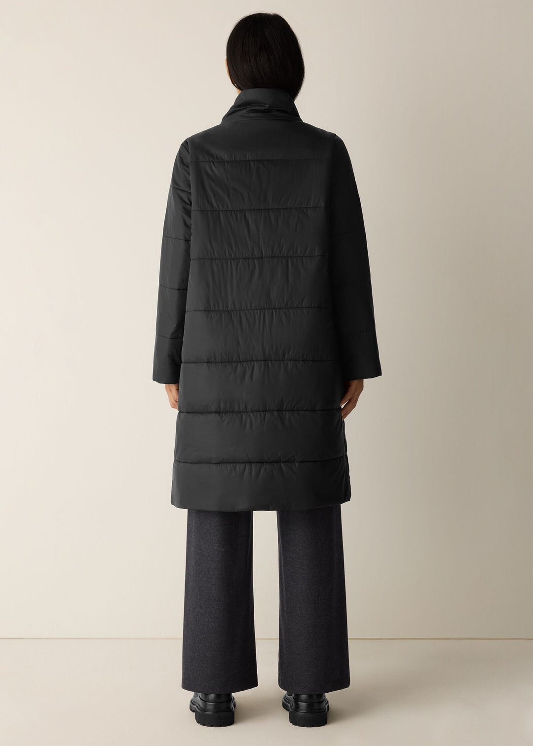 Eileen Fisher Eggshell Recycled Nylon Oversize High Collar Knee Length Puffer in Black