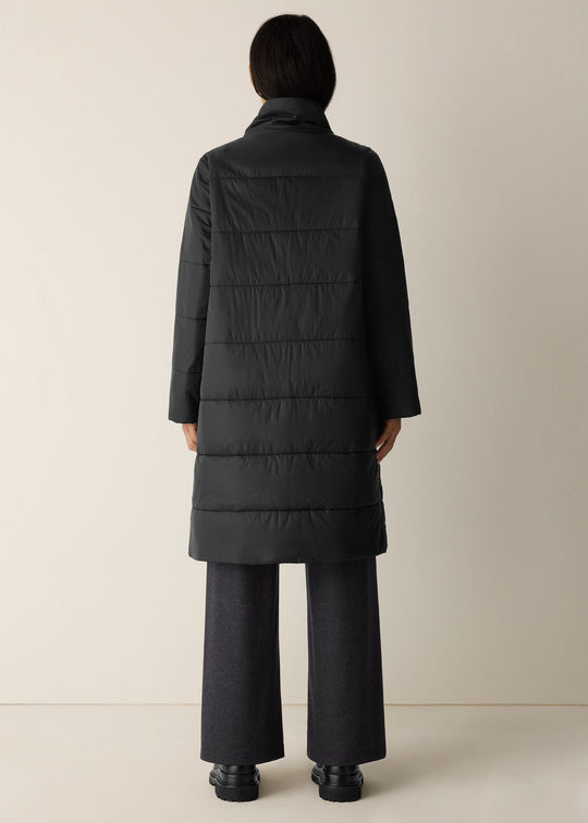 Eileen Fisher Eggshell Recycled Nylon Oversize High Collar Knee Length Puffer in Black
