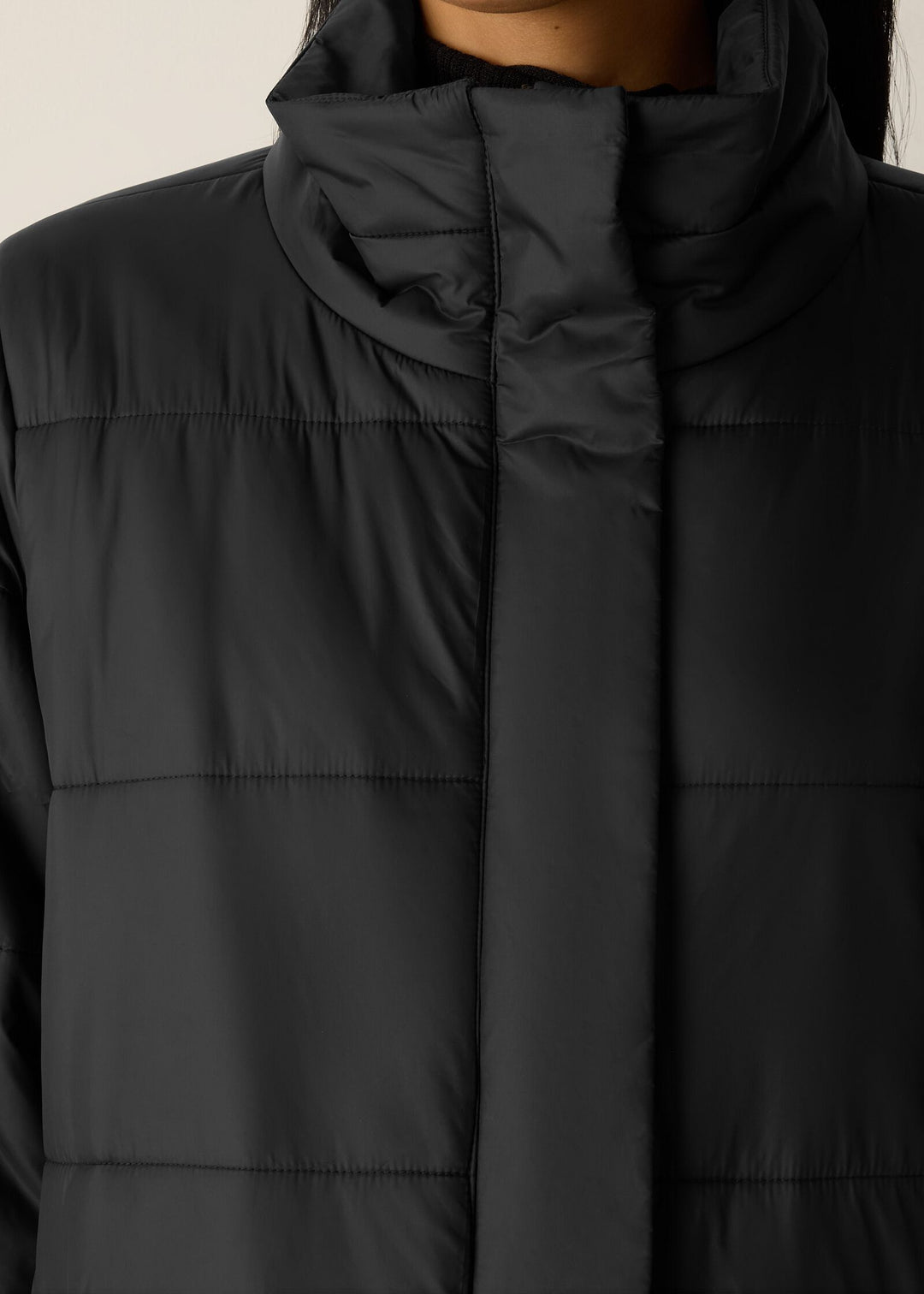 Eileen Fisher Eggshell Recycled Nylon Oversize High Collar Knee Length Puffer in Black