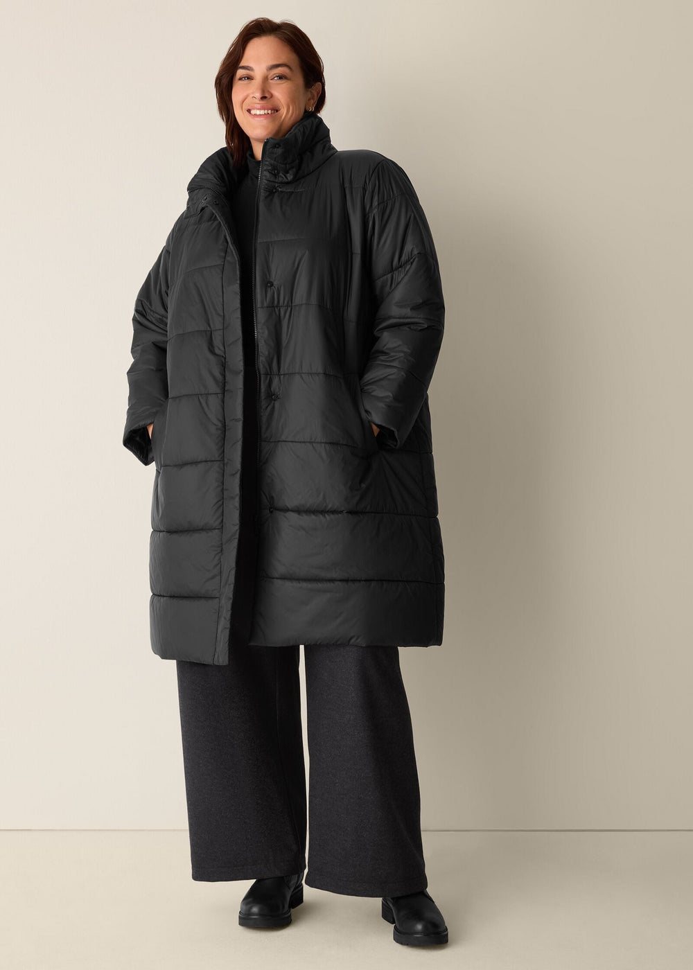 Eileen Fisher Eggshell Recycled Nylon Oversize High Collar Knee Length Puffer in Black