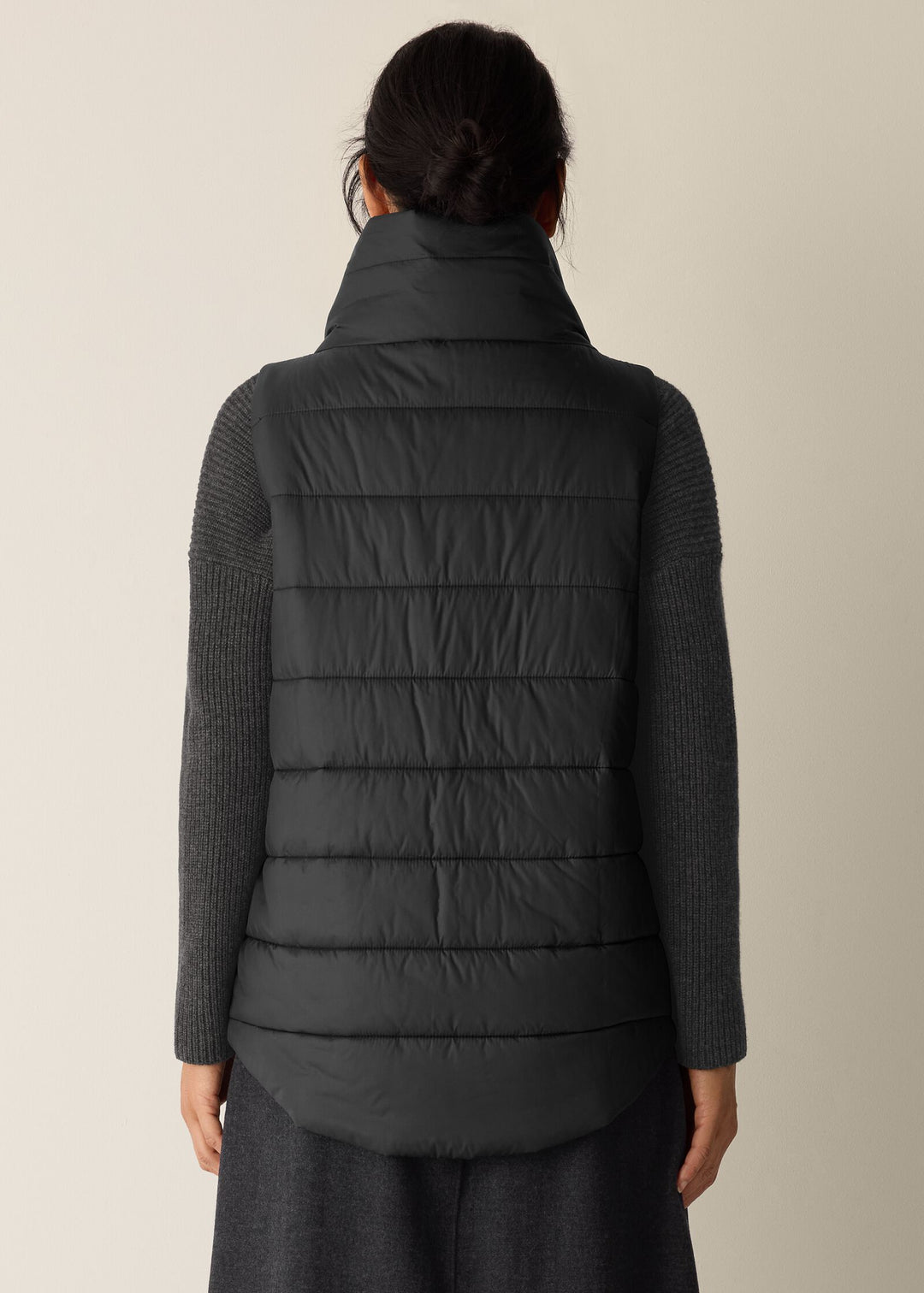 Eileen Fisher Eggshell Recycled Nylon Stand Collar Vest in Black