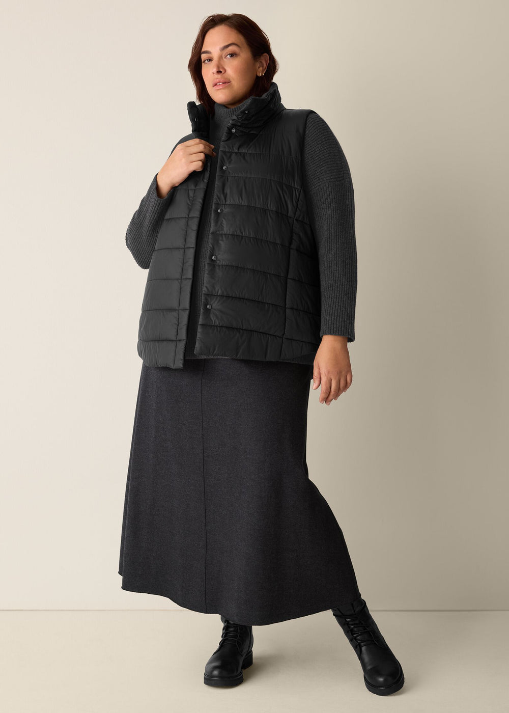 Eileen Fisher Eggshell Recycled Nylon Stand Collar Vest in Black