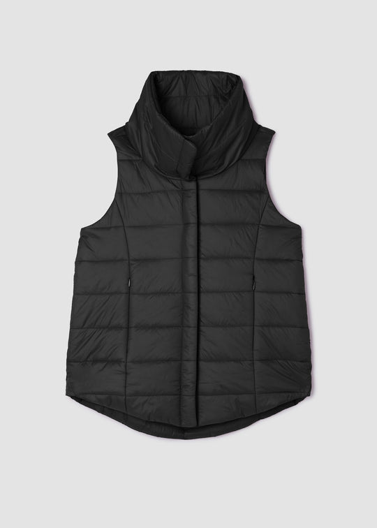 Eileen Fisher Eggshell Recycled Nylon Stand Collar Vest in Black