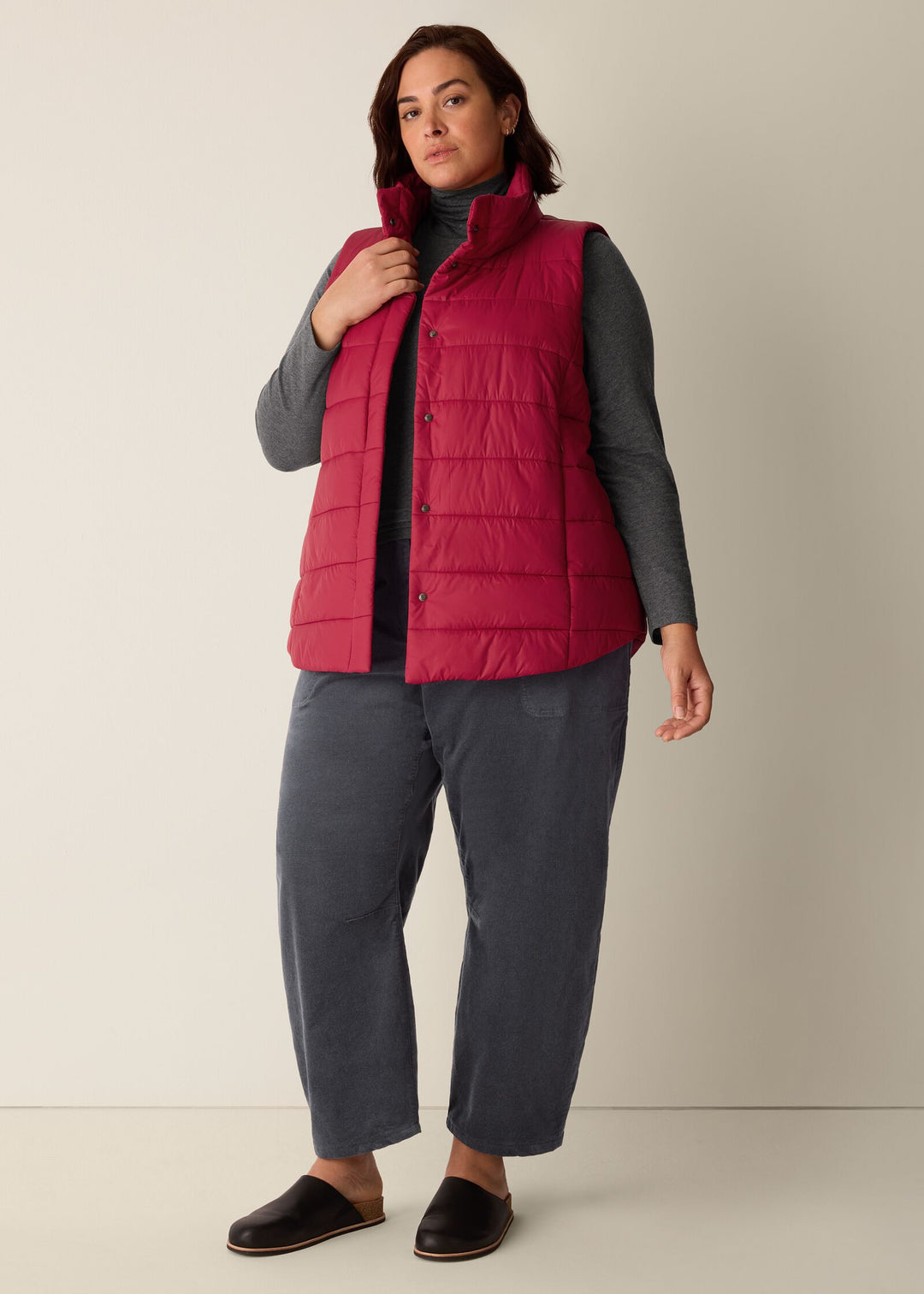 Eileen Fisher Eggshell Recycled Nylon Stand Collar Vest in Ruby