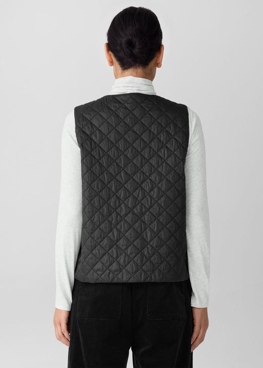 back view of plus size Eileen Fisher Eggshell Nylon V-Neck Vest with Snaps in Black