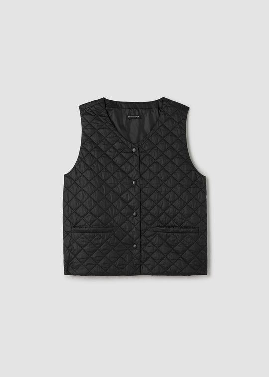 front view of plus size Eileen Fisher Eggshell Nylon V-Neck Vest with Snaps in Black