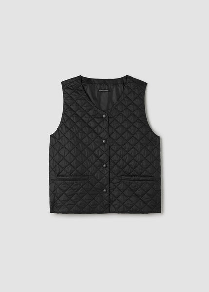 front view of plus size Eileen Fisher Eggshell Nylon V-Neck Vest with Snaps in Black