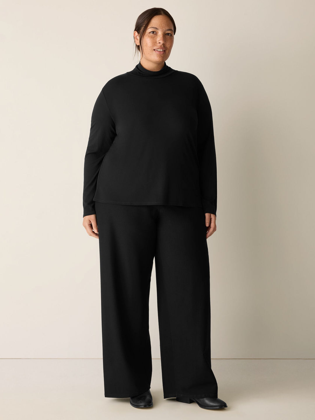 Eileen Fisher Slim Turtle Neck Long Sleeve Tee in Stretch Silk Jersey in Black