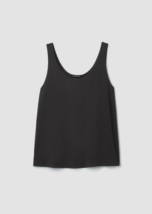 Dark sleeveless tank top with scoop neckline laid flat on light background