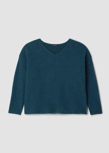front view of plus size Eileen Fisher Italian Cashmere V Neck  Sweater with Front Seam detail in Alpine
