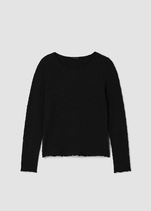 Black long-sleeve round neck top with textured bubble jacquard fabric and lettuce hem edges