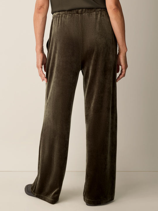 Eileen Fisher Cozy Velour Knit Wide Leg Full Length Drawstring Pant in Branch