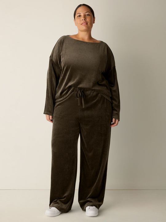 Eileen Fisher Cozy Velour Knit Wide Leg Full Length Drawstring Pant in Branch