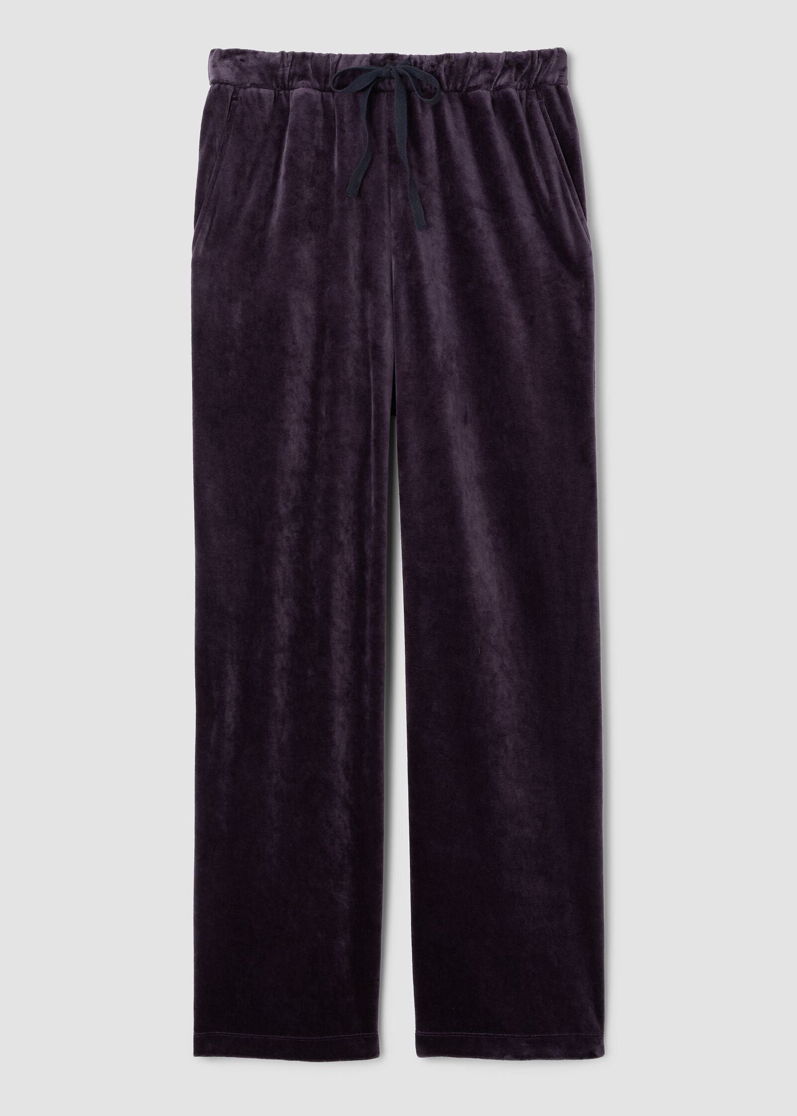 front view of plus size Eileen Fisher Cozy Velour Knit Wide Leg Full Length Drawstring Pant in Aubergine